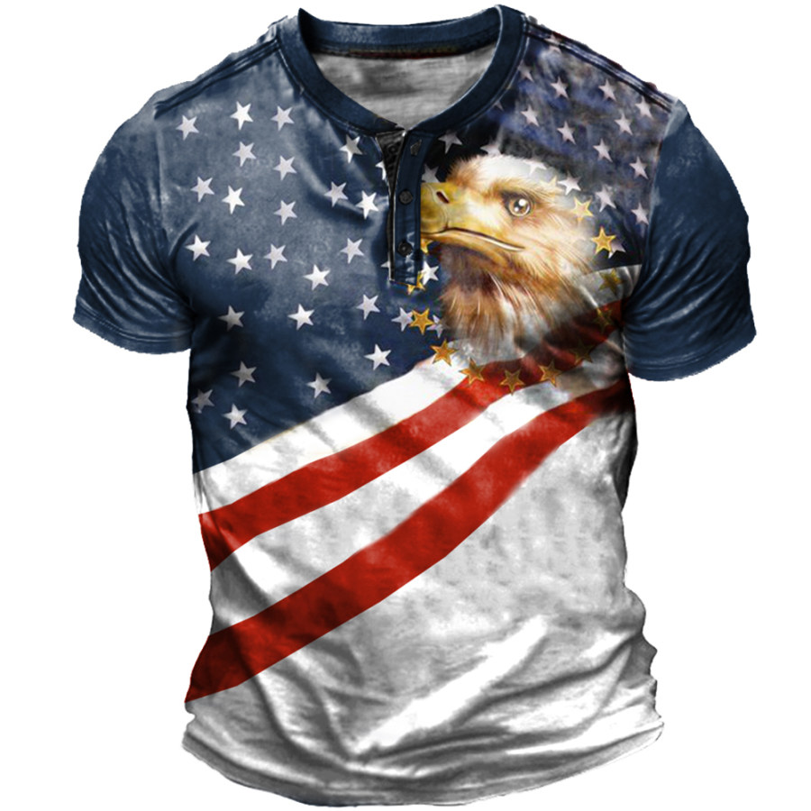 

Men's Vintage American Flag Eagle Print Henley Collar T-Shirt