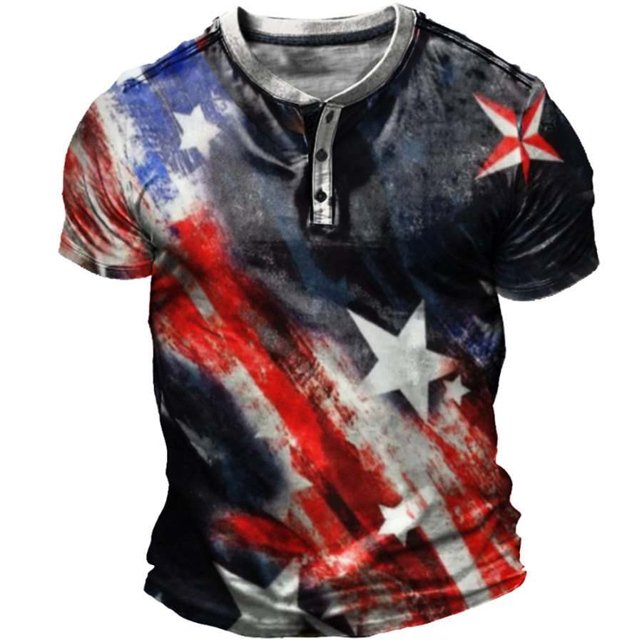 

Men's Vintage American Flag Print Henley Collar T-Shirt