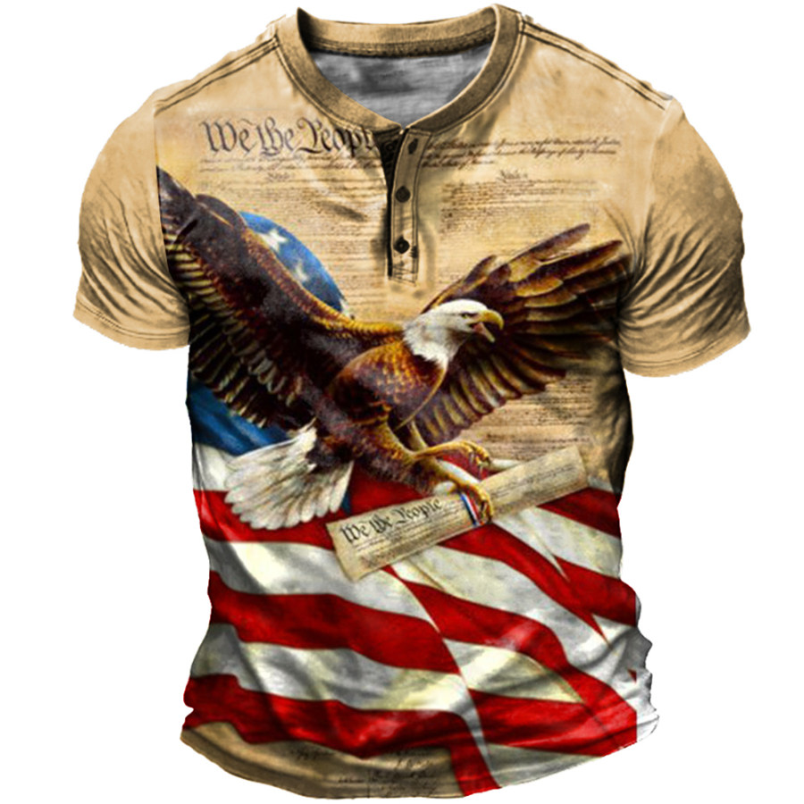 

Men's Vintage American Flag Eagle Print Henley Collar T-Shirt