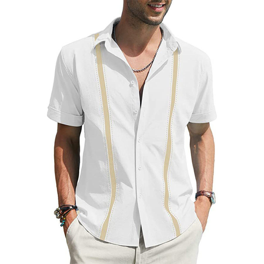 

Men's Casual Loose Linen Colorblock Short Sleeve Lapel Shirt