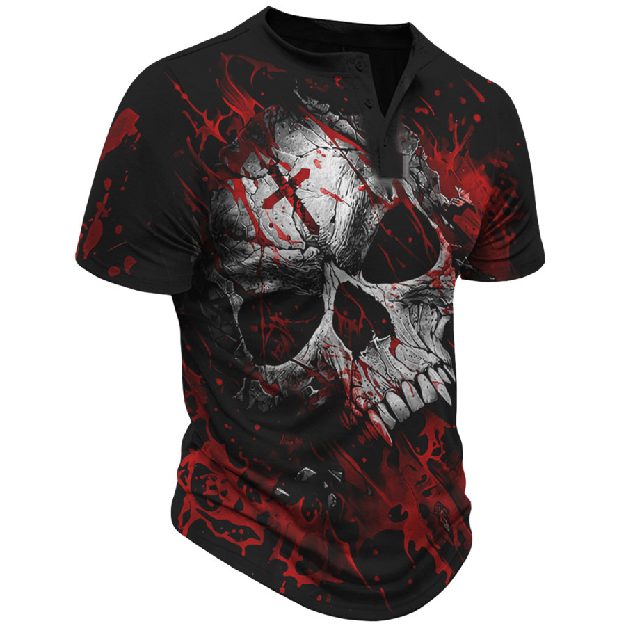 

Men's Vintage Skull Cross Henley Short Sleeve T-Shirt