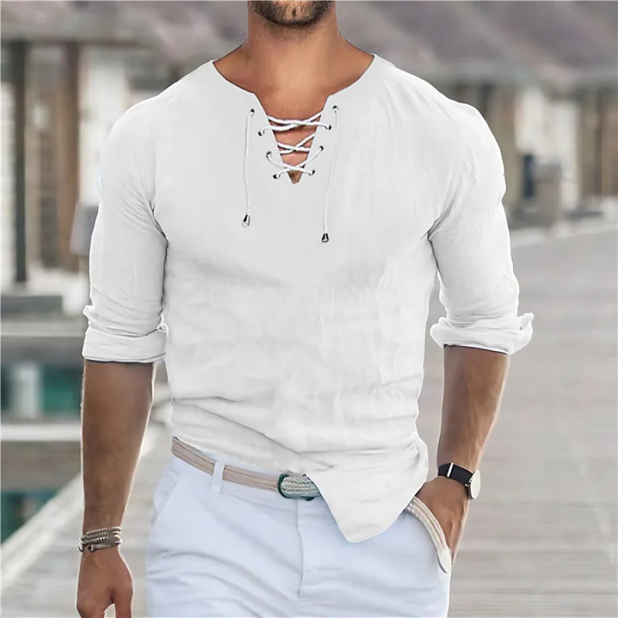 

Mens Cotton And Linen Summer Beach Lace-up Shirt