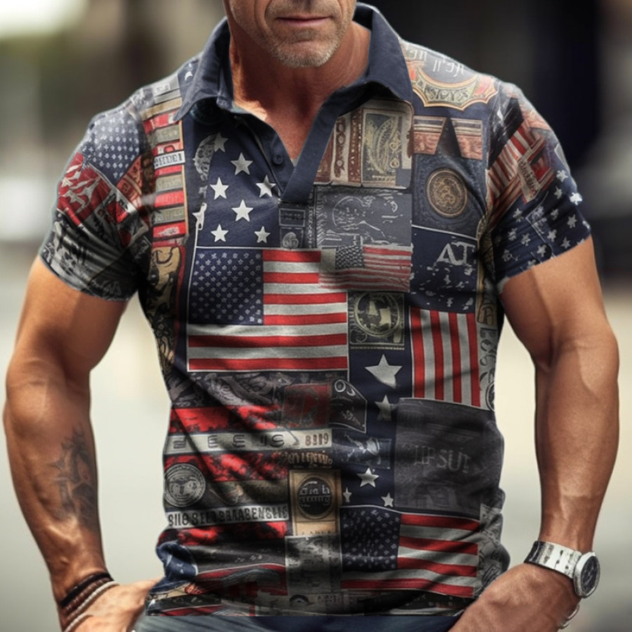 

Men's Retro Outdoor Comfortable Breathable American Flag Stitching Color Block Polo Collar Short-sleeved T-shirt