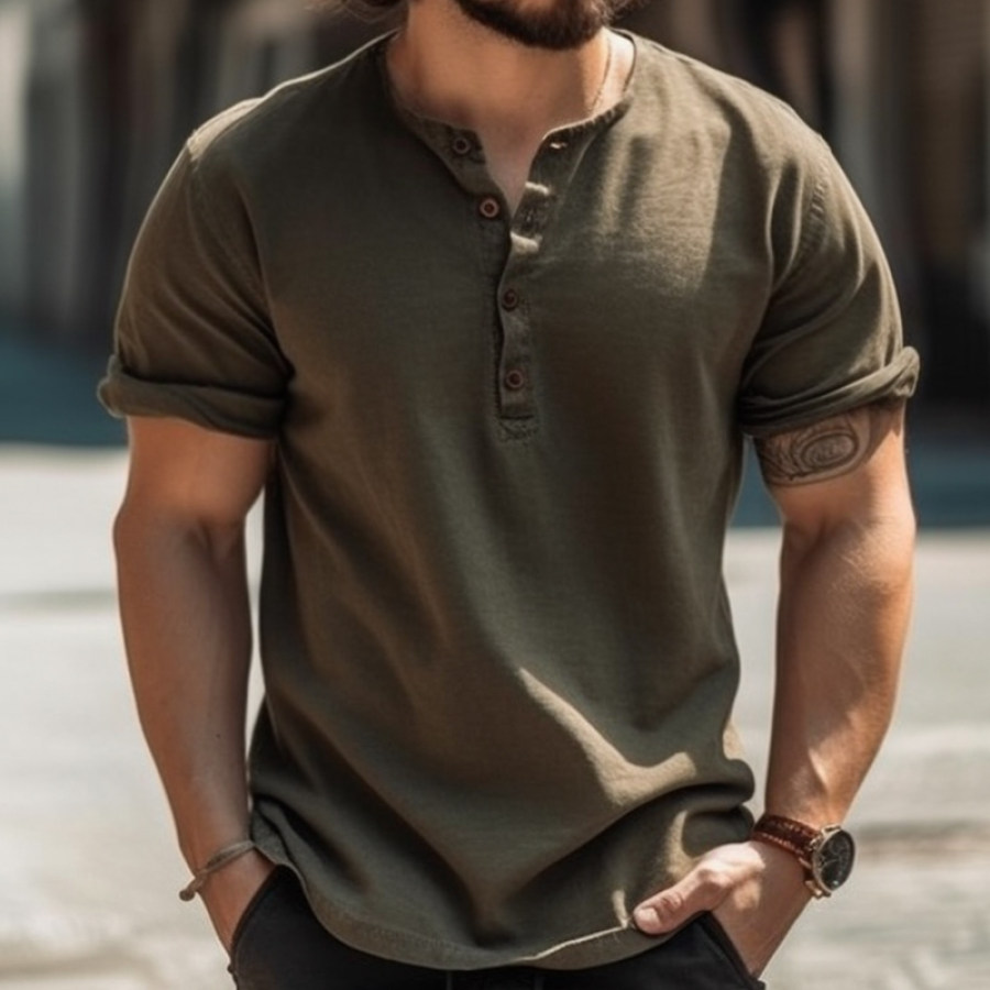 

Men's Vintage Outdoor Comfortable Breathable Solid Color Henley Collar Short Sleeve T-Shirt