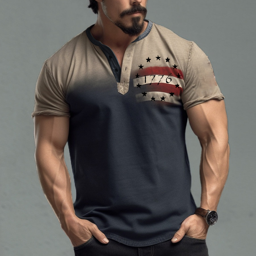 

Men's Outdoor Retro Comfort Gradient American Flag Independence Day Henley Collar T-Shirt