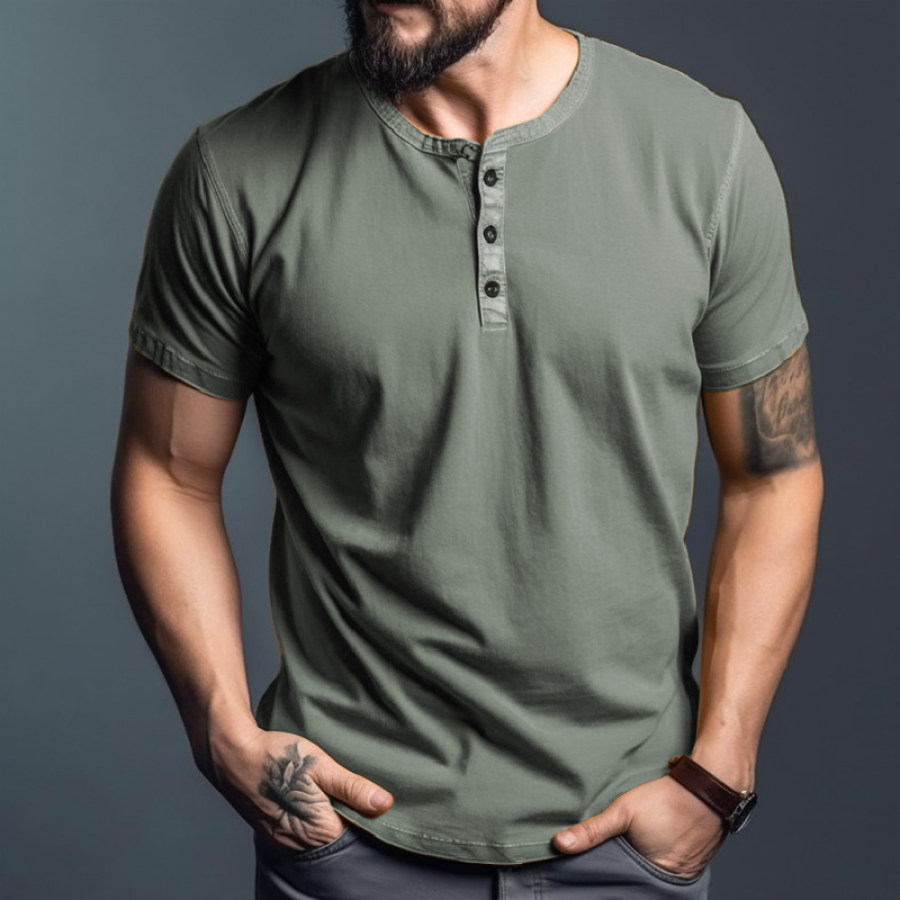 

Men's Comfortable Breathable Stretch Solid Color Henley Collar Short Sleeve T-Shirt
