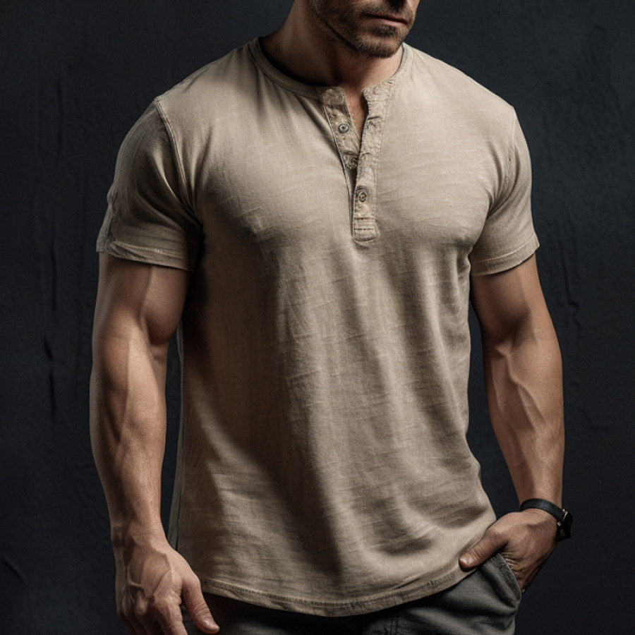 

Men's Retro Outdoor Comfortable Breathable Stretch Solid Color Henley Collar Short Sleeve T-Shirt