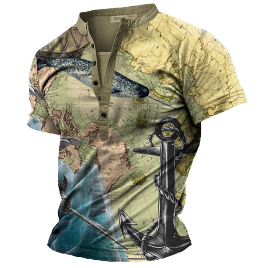 

Men's Casual Nautical Print Henley Short Sleeve T-Shirt