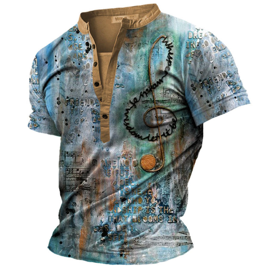 

Men's Casual Music Note Print Henley Short Sleeve T-Shirt