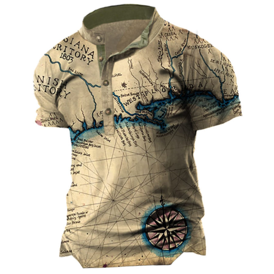 

Men's Vintage Compass Map Print Henley T-Shirt