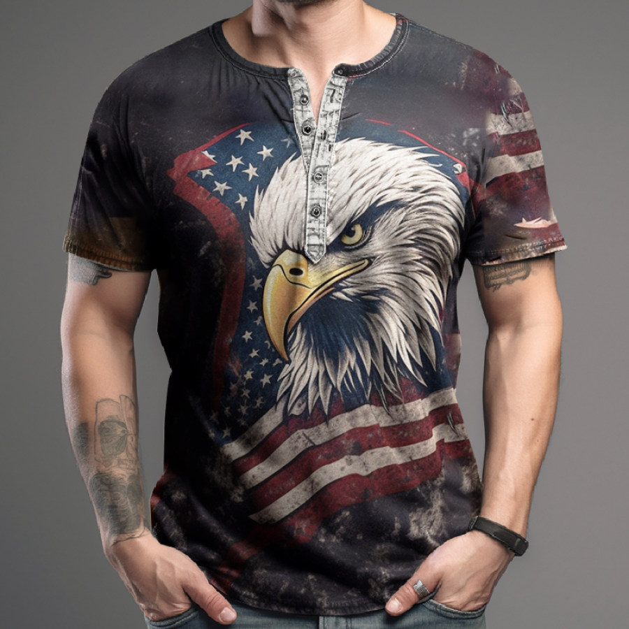 

Men's Distressed Outdoor Retro Cozy American Flag Eagle Henley Collar Short Sleeve T-Shirt