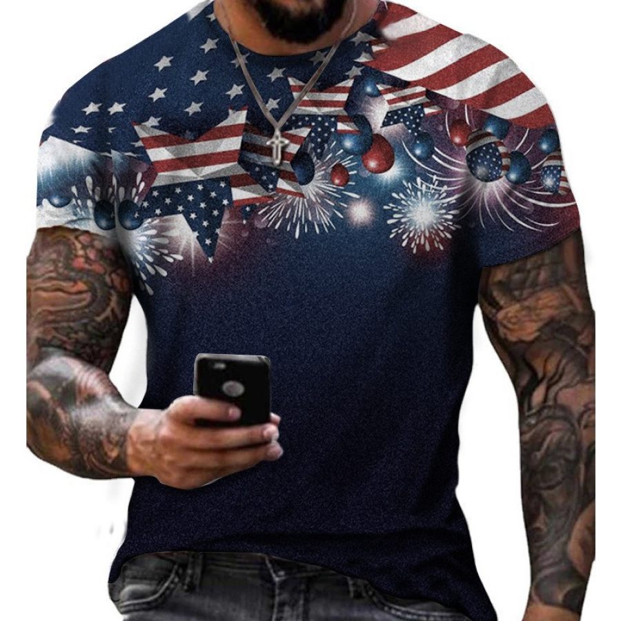 

Men's Outdoor Vintage American Flag Fireworks Short Sleeve T-Shirt