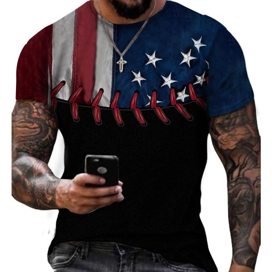 

Camiseta De Manga Curta Masculina Vintage Com Estampa De Bandeira Americana De Beisebol