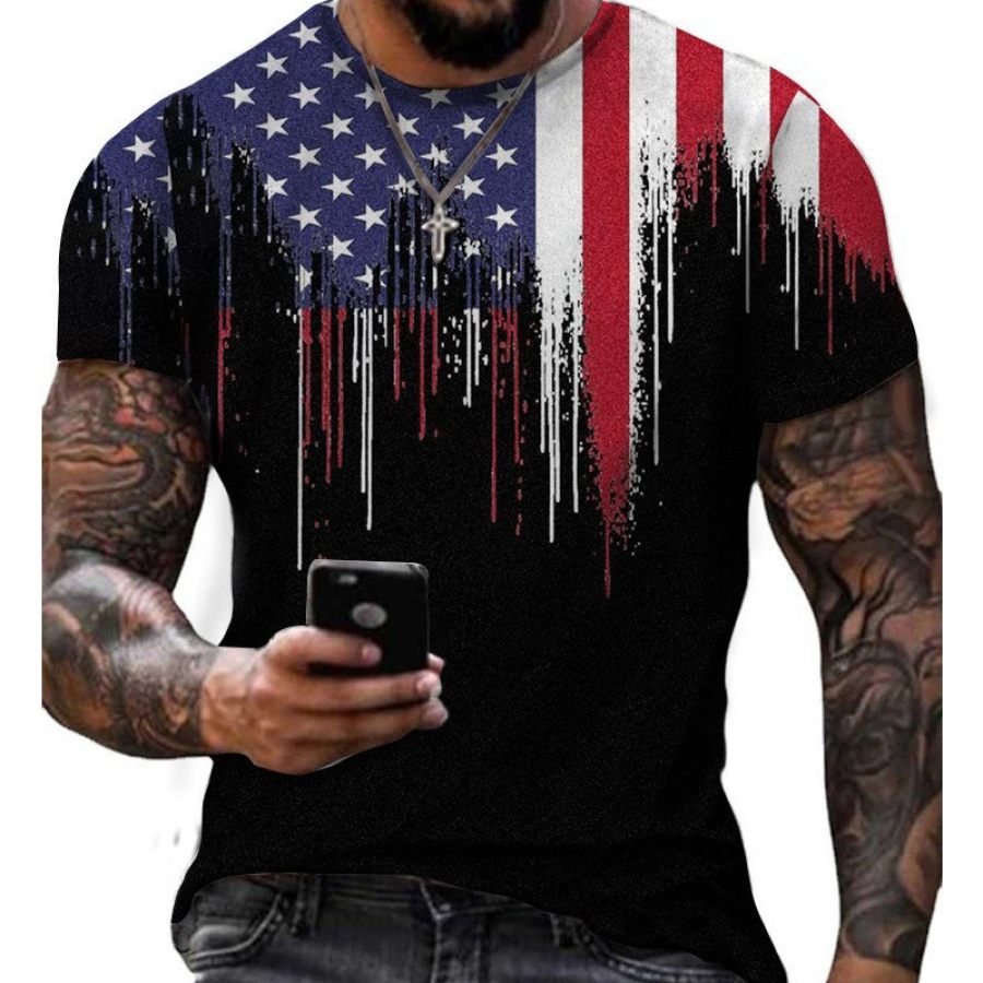 

Camiseta Masculina Vintage De Manga Curta Com Estampa De Bandeira Americana Ao Ar Livre