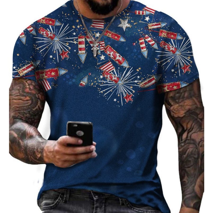 

Men's Outdoor Vintage American Fireworks Print Short Sleeve T-Shirt