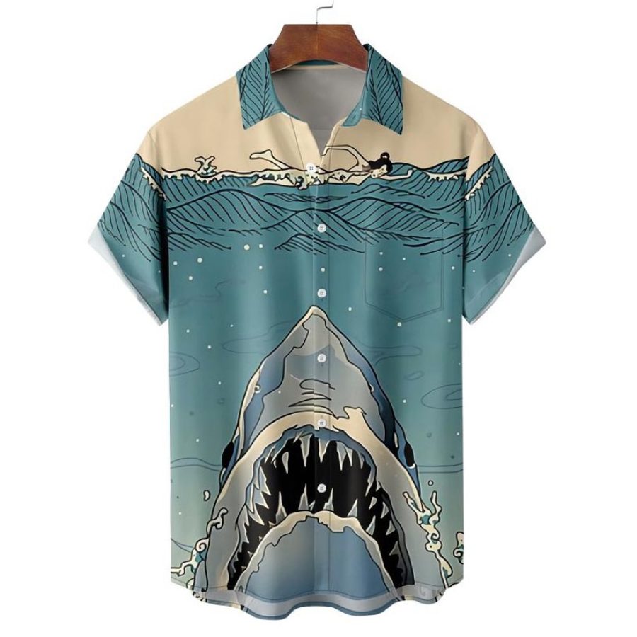 

Camisa De Manga Corta Con Estampado De Playa Informal Hawaiana De Tiburón Para Hombre