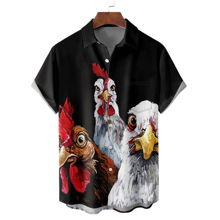 

Men's Three Rooster Hawaiian Casual Beach Short-sleeved Shirt