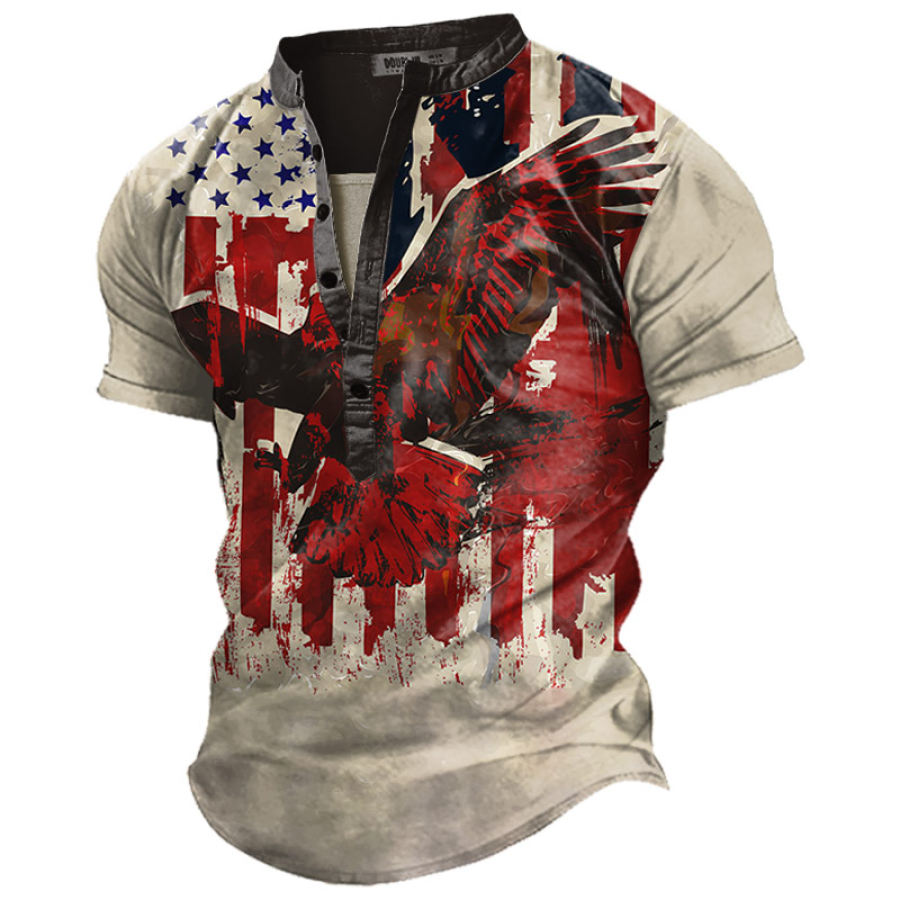 

Men's Vintage American Flag Print Henley Short Sleeve T-Shirt
