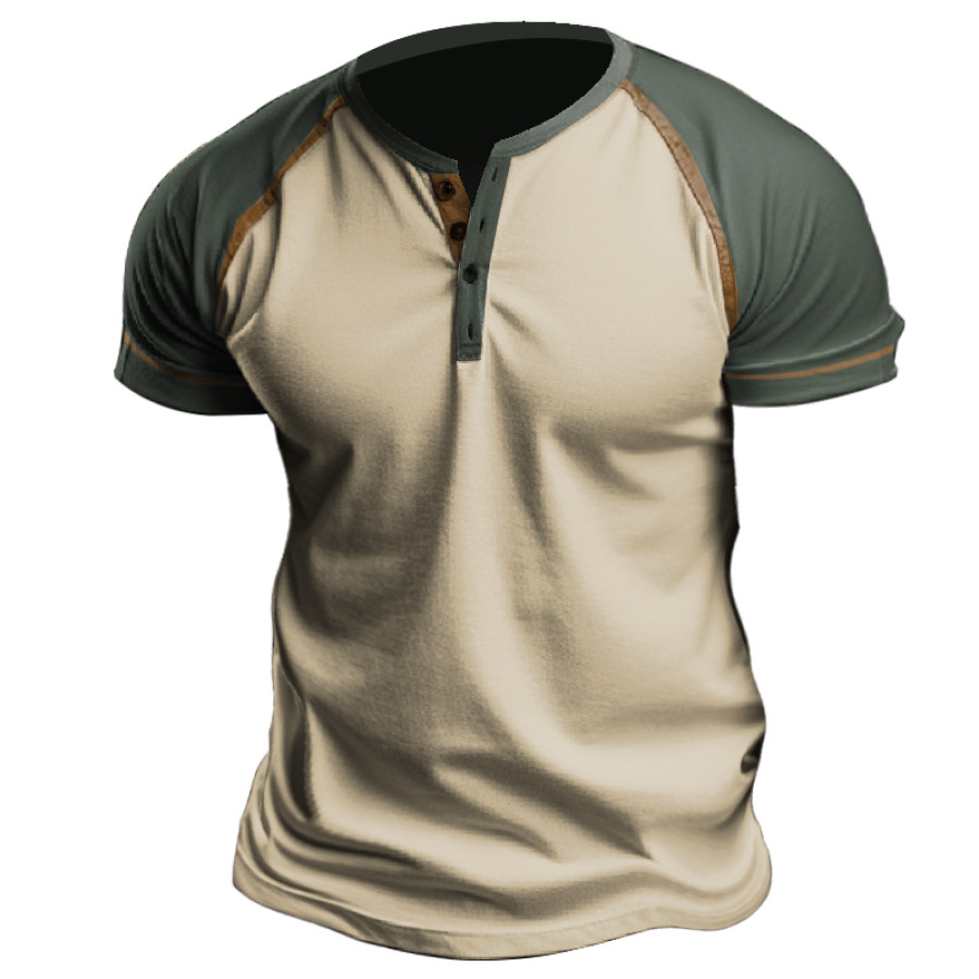 

Men's Retro Outdoor Comfortable Breathable Solid Color Stitching Henley Collar Short Sleeve T-Shirt