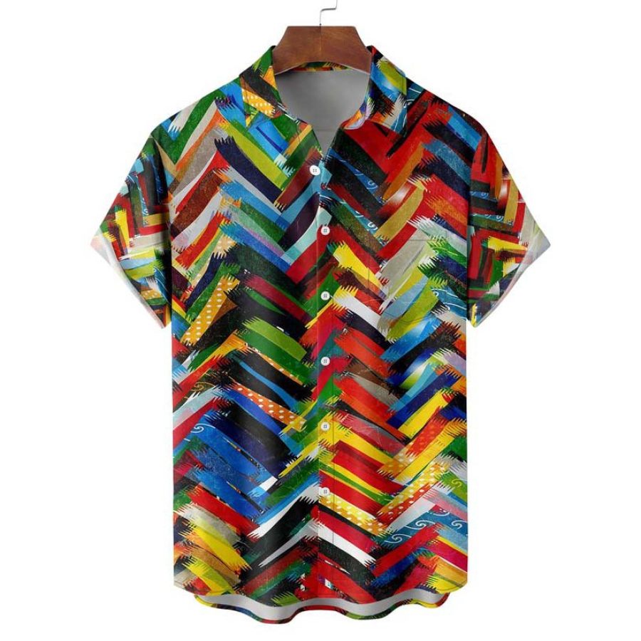 

Men's Colorful Striped Print Hawaiian Beach Short Sleeve Shirt