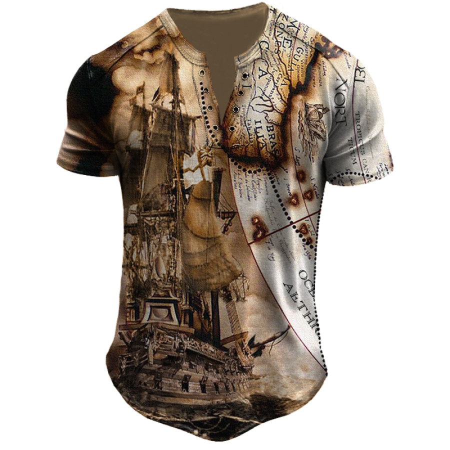 

Mens Vintage Outdoor Ship Map Printed Casual Tee