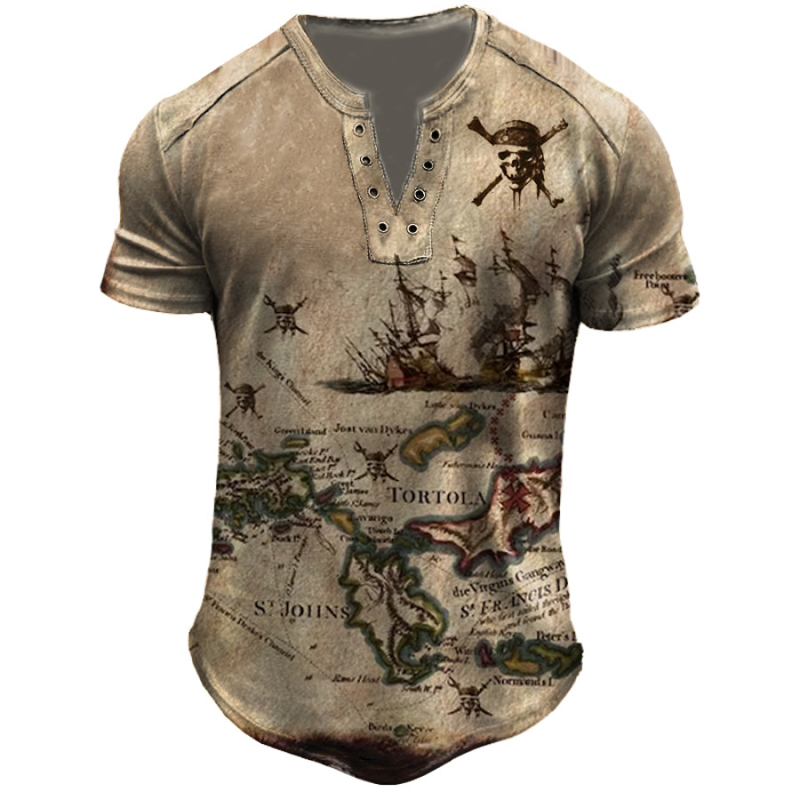 

Mens Vintage Outdoor Pirate Treasure Map Printed Casual Tee