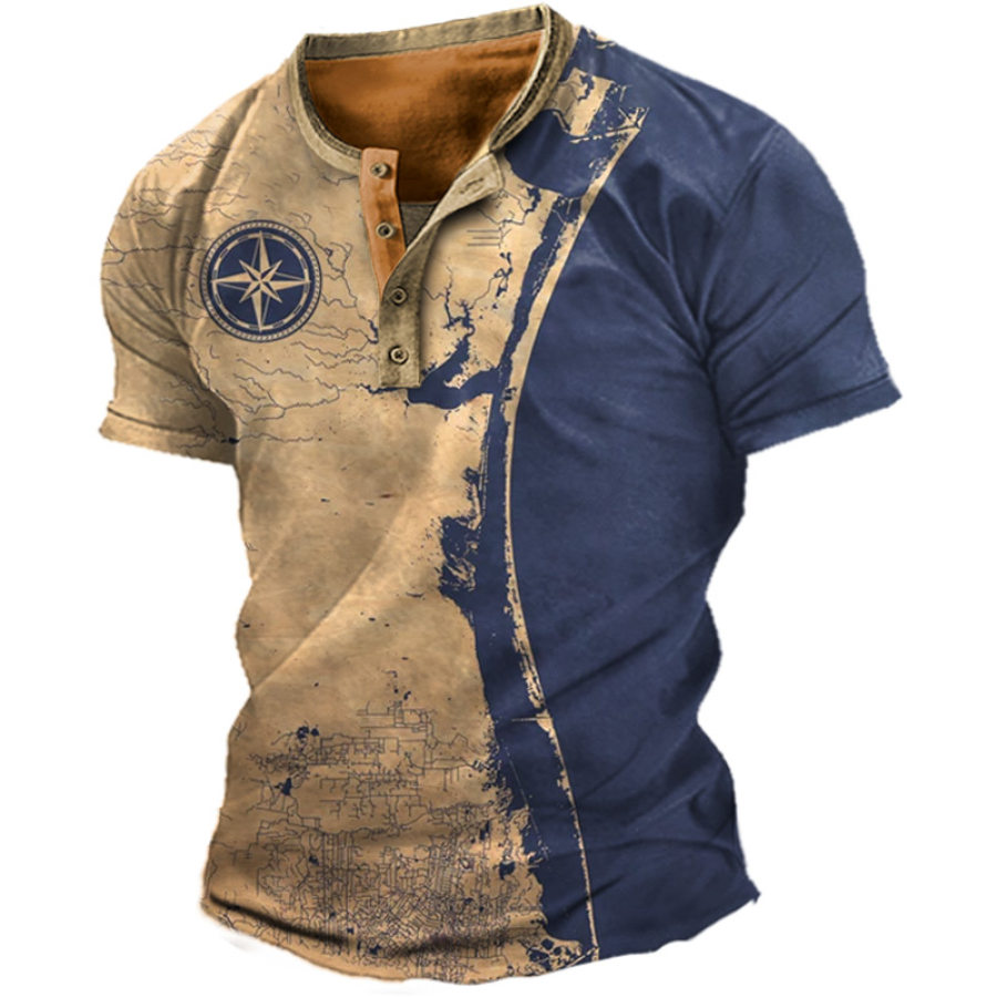 

Men's Casual Nautical Print Colorblock Henley T-Shirt
