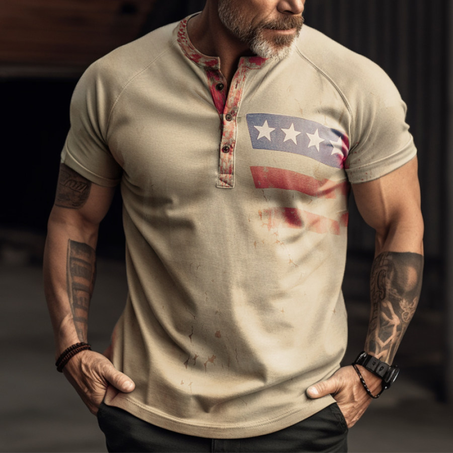 

Men's Vintage American Flag Graphic Henley Collar Short Sleeve T-Shirt