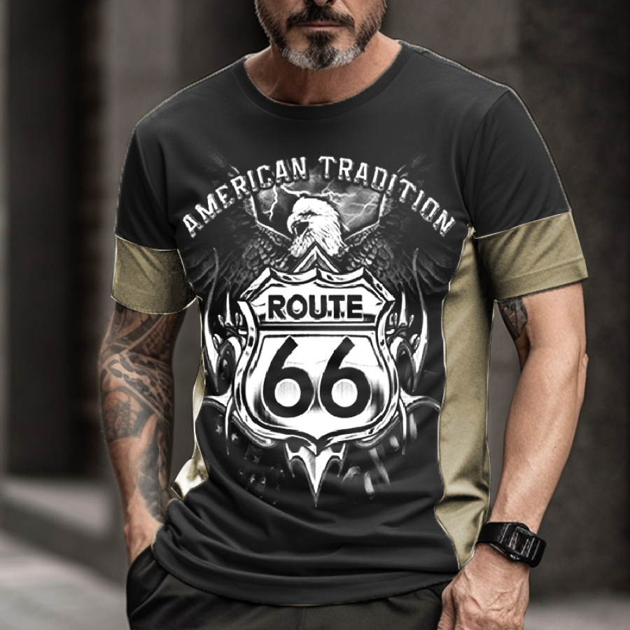 

Men's Vintage Comfort Breathable ROUTE 66 Eagle Graphic Print Crew Neck Contrasting T-Shirt