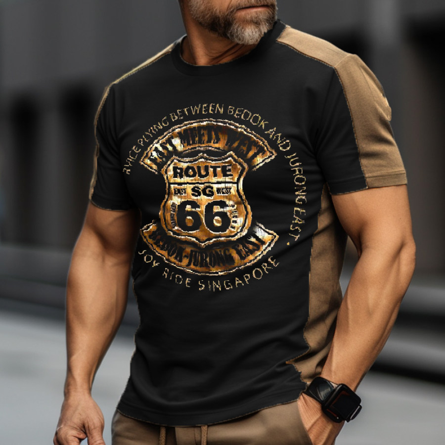 

Men's Retro Comfortable Breathable ROUTE 66 Graphic Printed Garden Collar Contrast T-Shirt