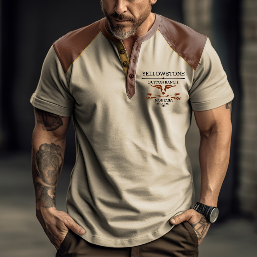 

Men's Outdoor Vintage Yellowstone Panel Henley Collar T-Shirt