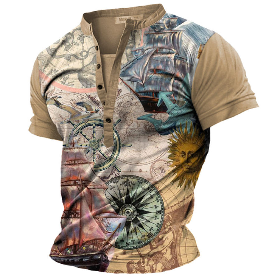 

Men's Vintage Nautical Print Henley Short Sleeve T-Shirt