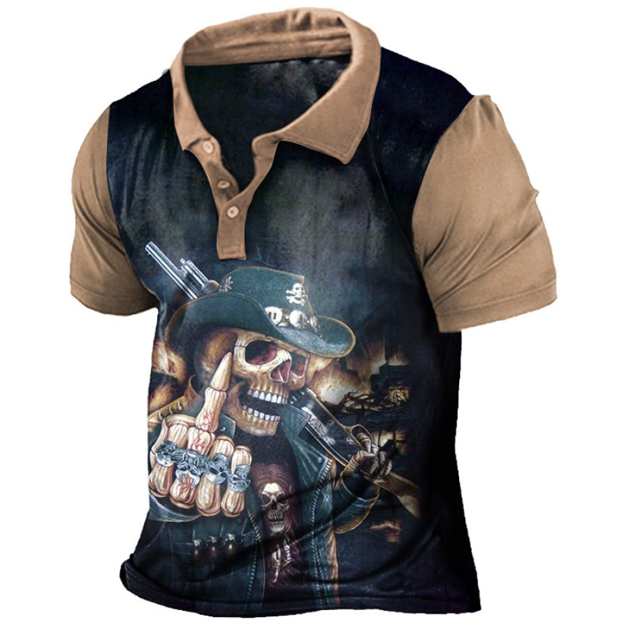 

Men's Western Skull Print Casual Polo Shirt
