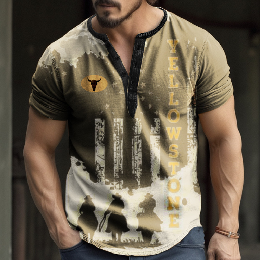 

Men's Western Outdoors Vintage Yellowstone Panel Henley Collar T-Shirt