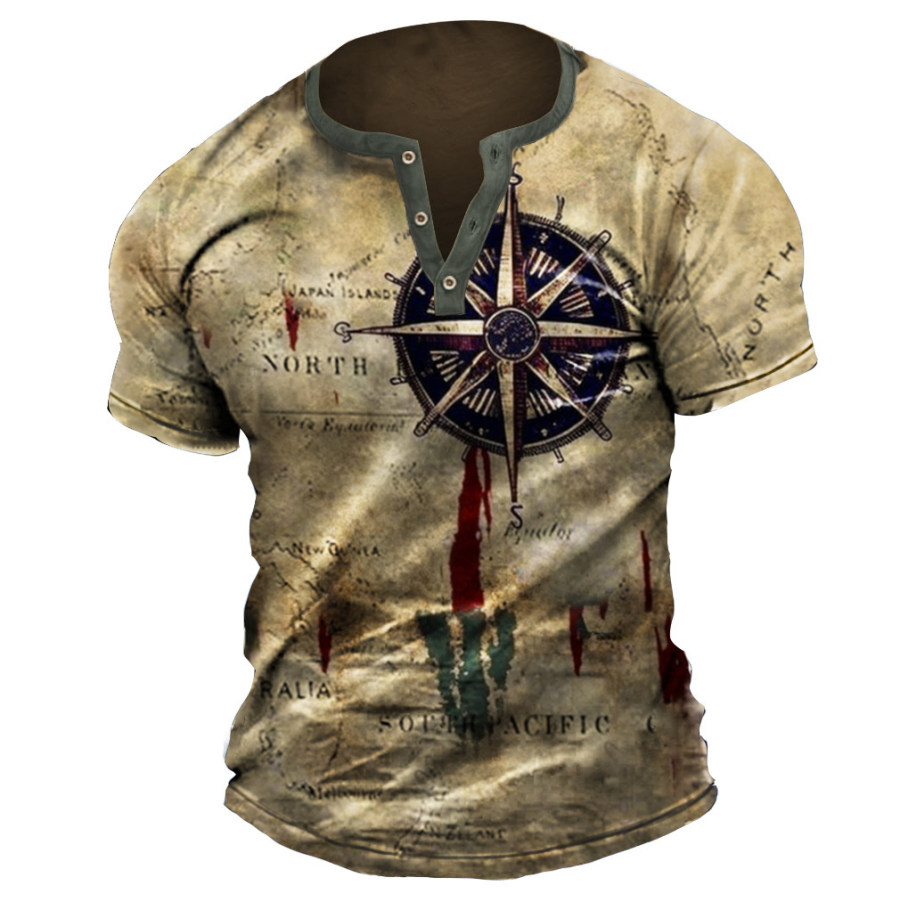 

Men's Vintage Nautical Map Compass Henley T-Shirt