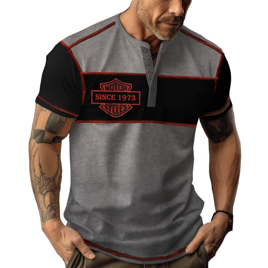 

Men's Vintage Motorcycle Colorblock Print Henley Collar T-Shirt