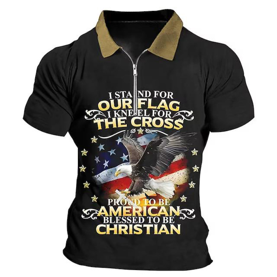 

Men's Vintage I Stand For The Flag I Kneel For The Cross Print Zip Polo T-Shirt