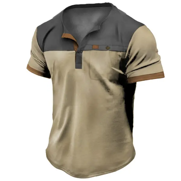Plus Size Men's Outdoor Vintage Tactical Color Matching Pocket Henley T-Shirt - Chrisitina.com 