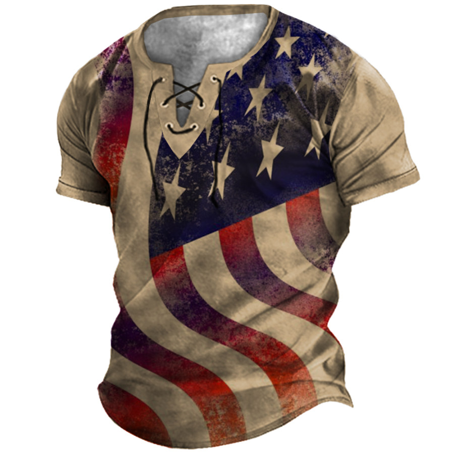 

Men's Vintage American Flag Print Lace-Up T-Shirt