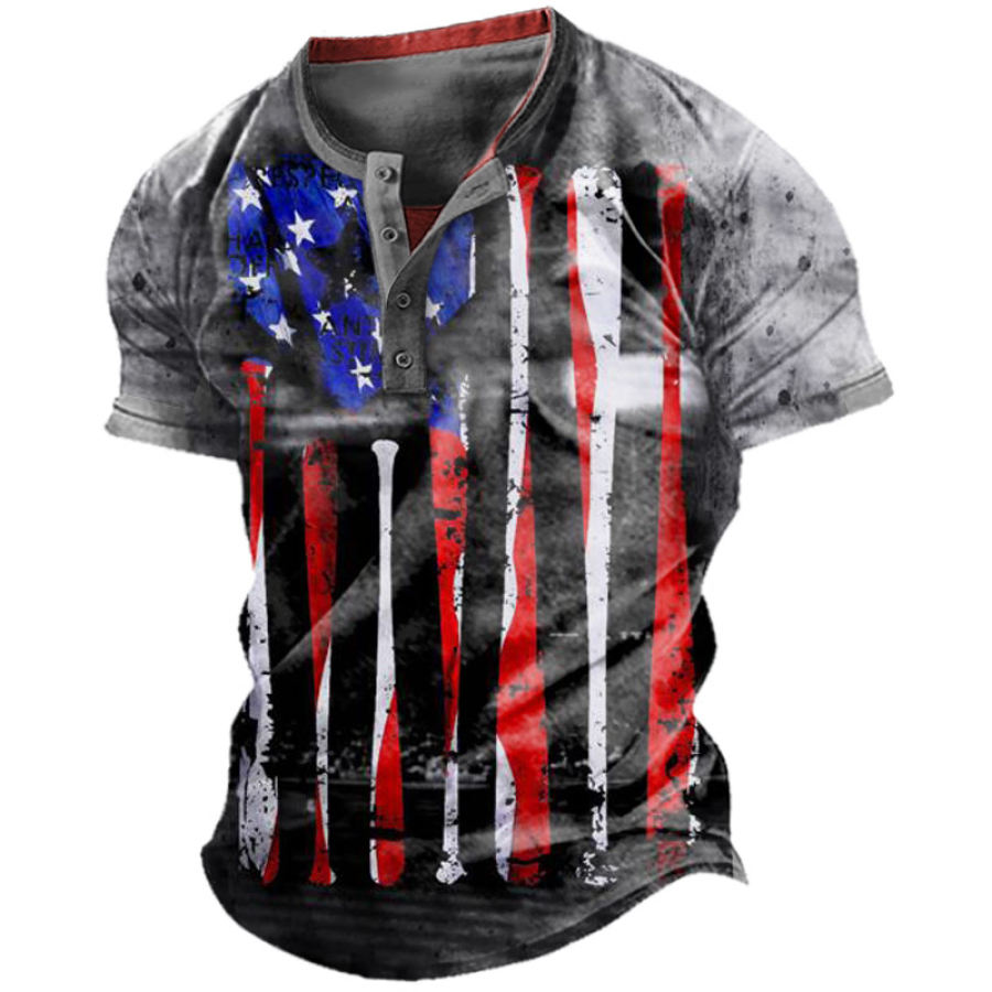 

Men's Casual American Flag Print Colorblock Henley T-Shirt