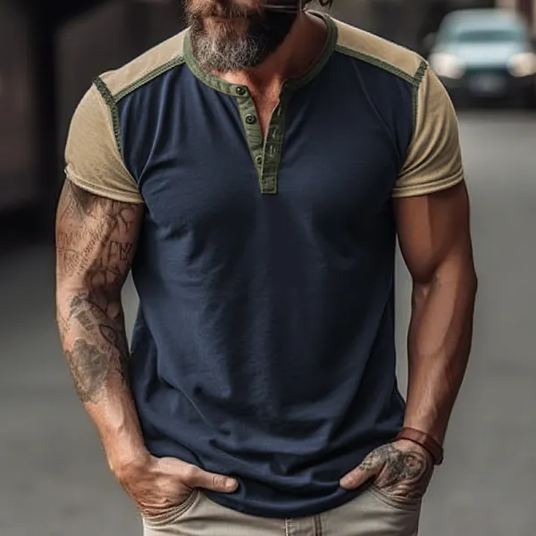 Men's Outdoor Retro Solid Color Stitching Henley Collar T-Shirt - Cotosen.com
