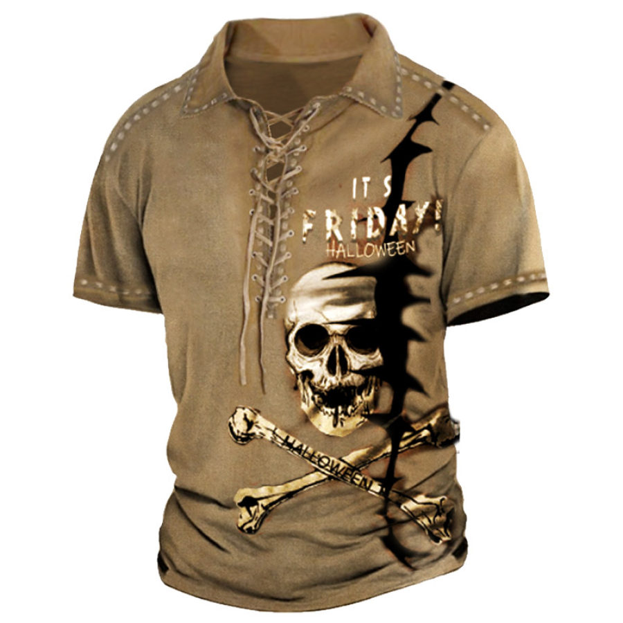 

Men's Vintage Skull Lace-up Lapel T-Shirt