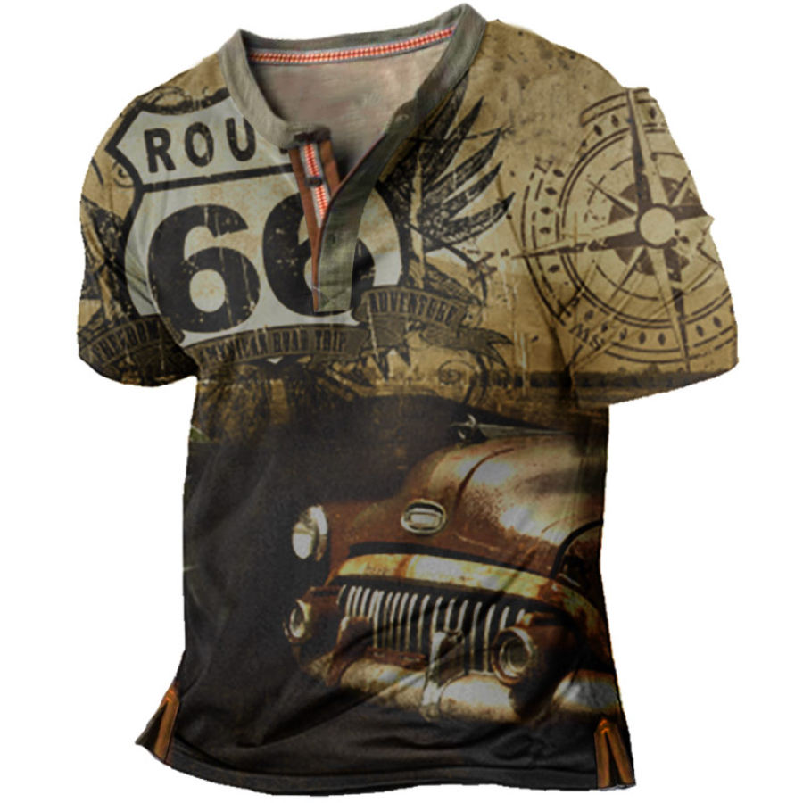 

Men's Vintage Route66 Car Print Henley T-Shirt