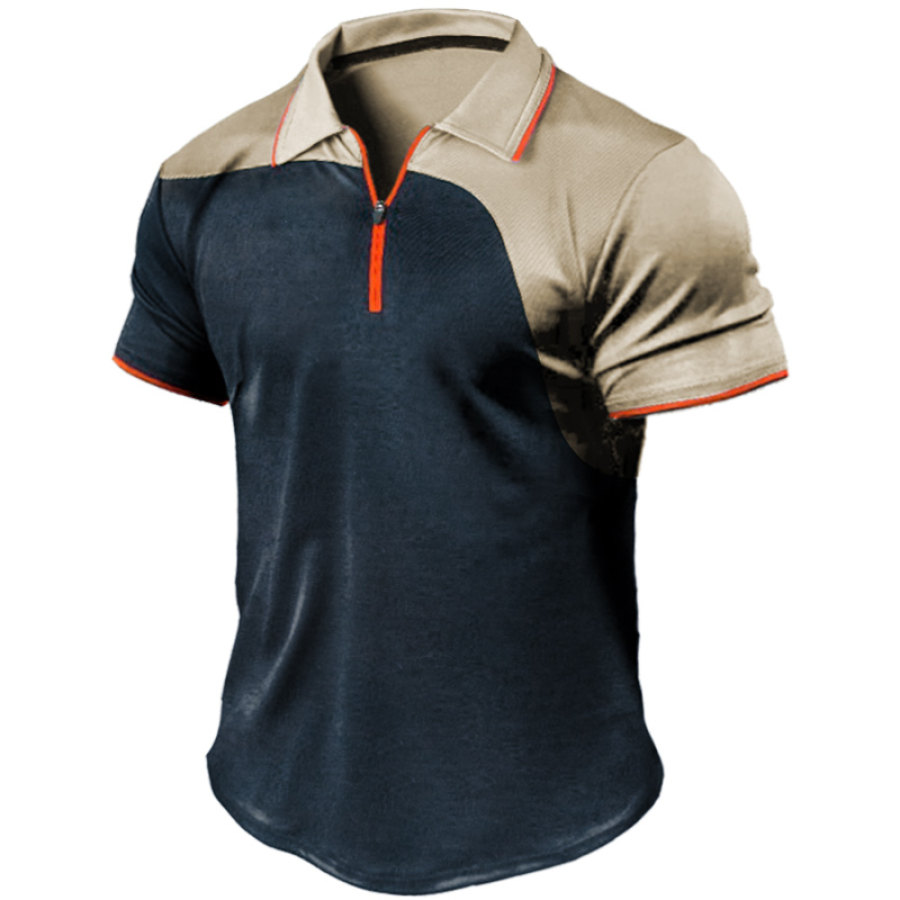 

Men's Retro Color Contrast Stitching Quarter Zipper Lapel T-shirt