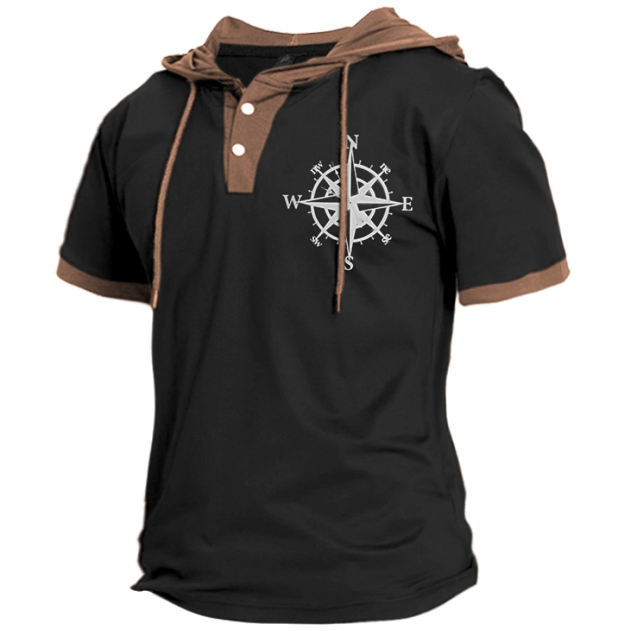 

Men's Casual Compass Print Hooded Short Sleeve T-Shirt