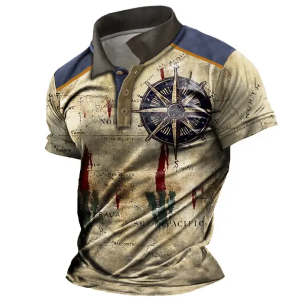 Men's Vintage Nautical Map Compass Print Polo Short Sleeve T-Shirt - Kalesafe.com 