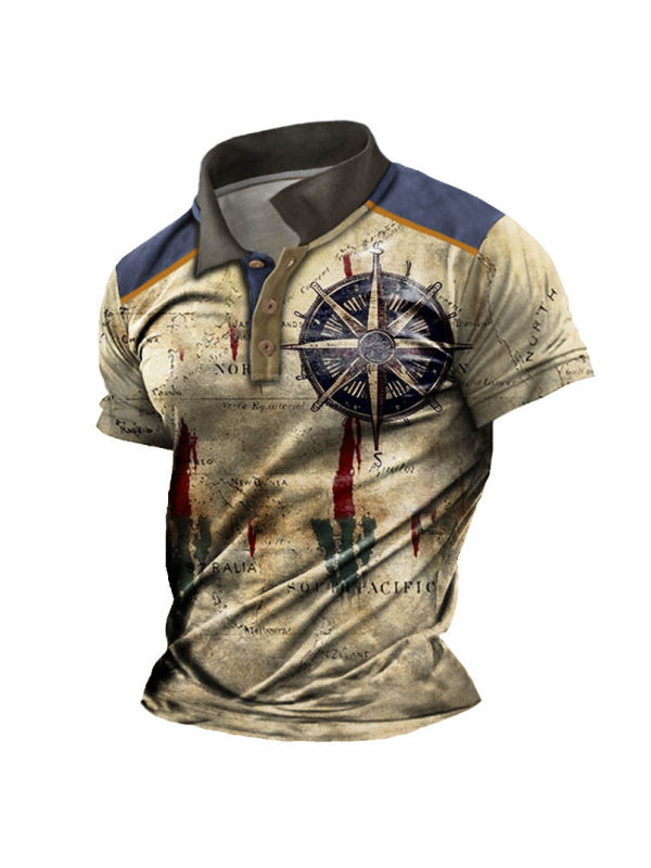 Men's Vintage Nautical Map Compass Print Polo Short Sleeve T-Shirt