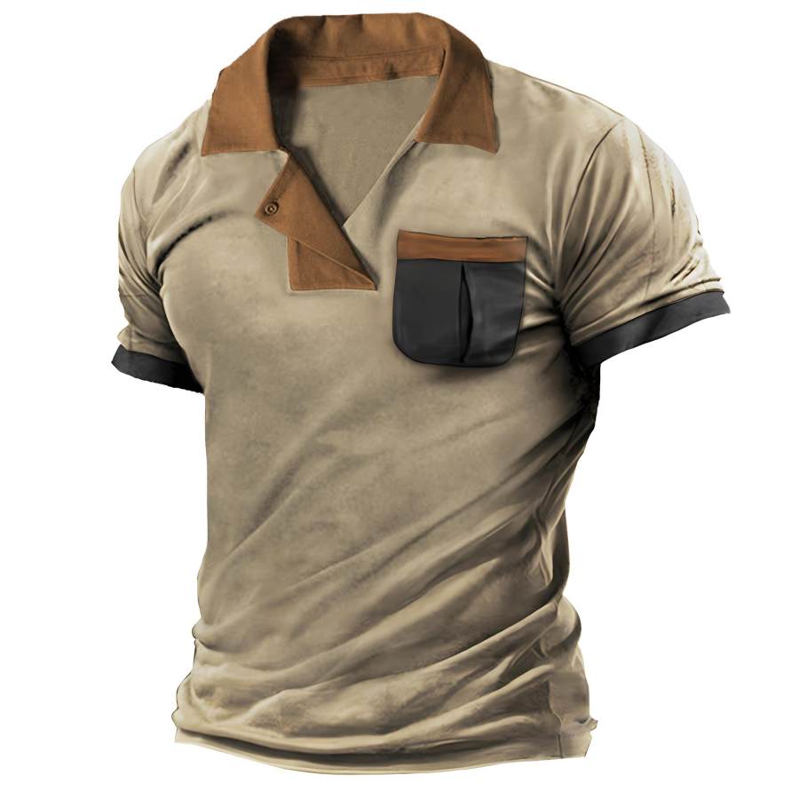 

Men's Vintage Colorblock Chest Pocket Polo Short Sleeve T-Shirt