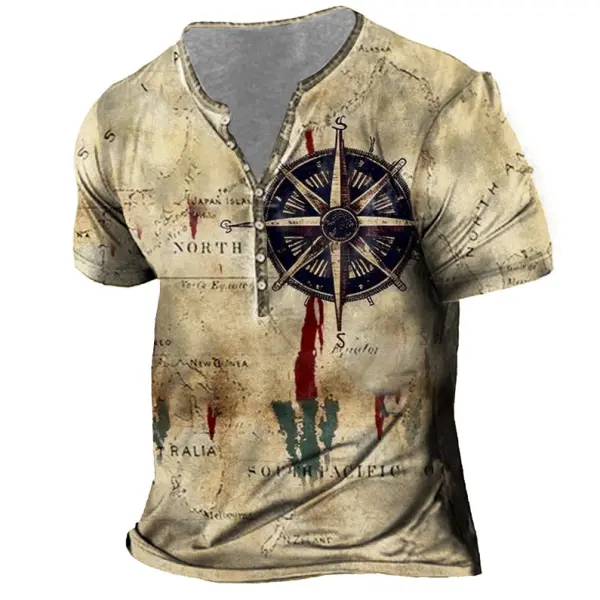 Men's Vintage Nautical Map Compass Print Henry Short Sleeve T-Shirt - Blaroken.com 