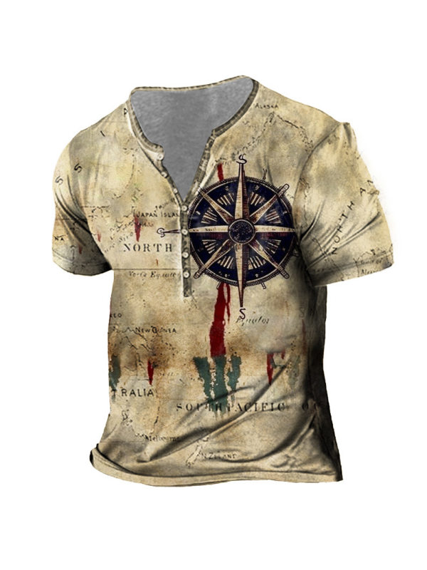 Men's Vintage Nautical Map Compass Print Henry Short Sleeve T-Shirt